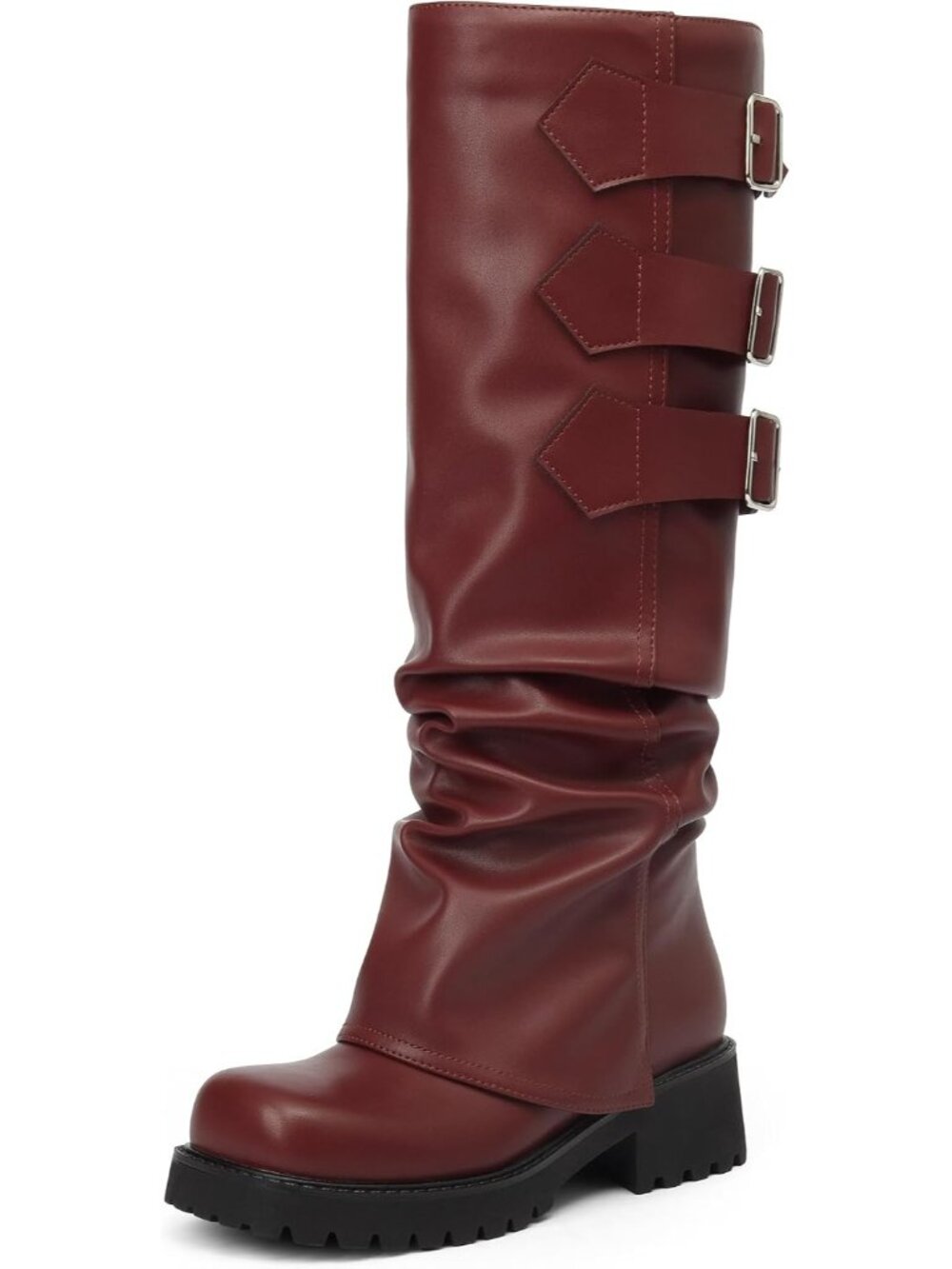 👢Women's Burgundy Knee High Moto Riding Fold Over Block Heels Platform Boots